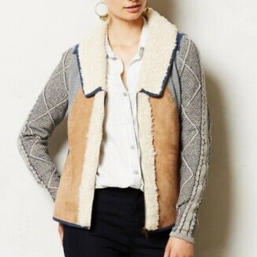 Anthropologie Tan and Gray Jacket with Shearling Collar